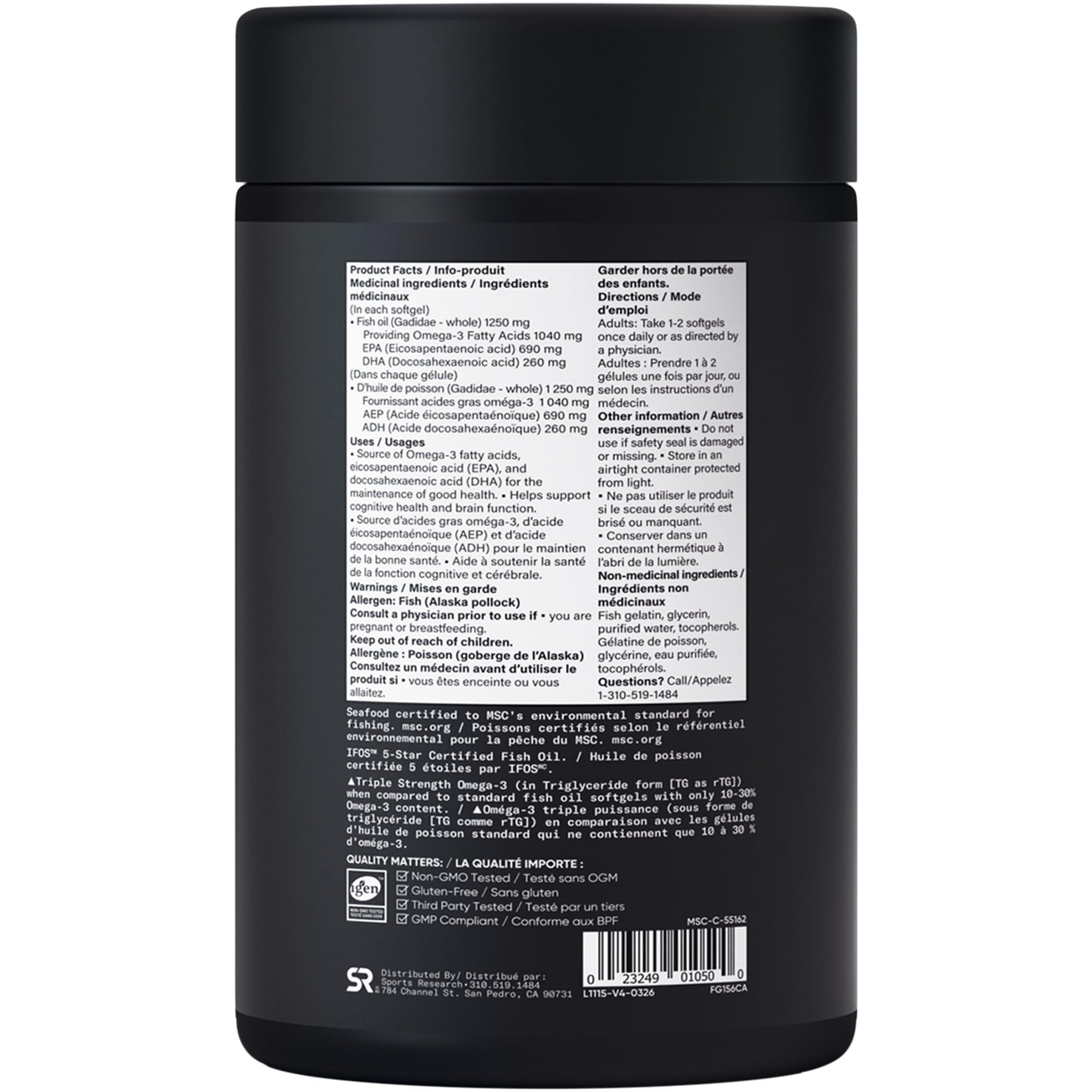 Sports Research® Triple Strength Omega 3 Fish Oil - Burpless Supplement w/EPA & DHA Fatty Acids from Wild Alaskan Pollock - Supports Cognitive Health & Brain Function for Men & Women - 1250mg, 180ct
