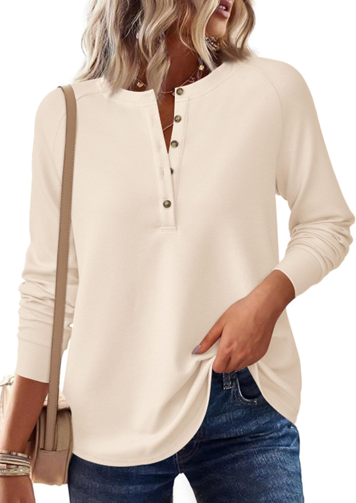 PRETTYGARDEN Women Long Sleeve Waffle Knit Shirt 2026 Spring Casual Button V Neck Loose Henley Tops Basic Tees Winter Clothes(Beige,X-Large) 🍁 All In One Marketplace Canada
