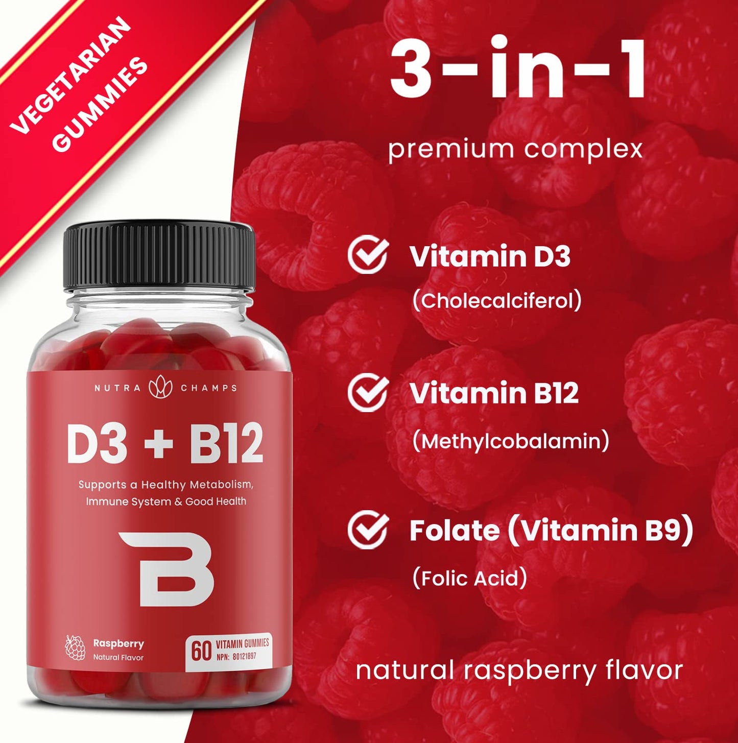 Vitamin D3 1000 IU + B12 1000mcg Per Serving | Chewable Vitamins B & D Gummies for Adults, Kids, Women & Men | Enhanced With Folate for Energy & Immunity | 120 Gummies - Available at All In One Marketplace Canada