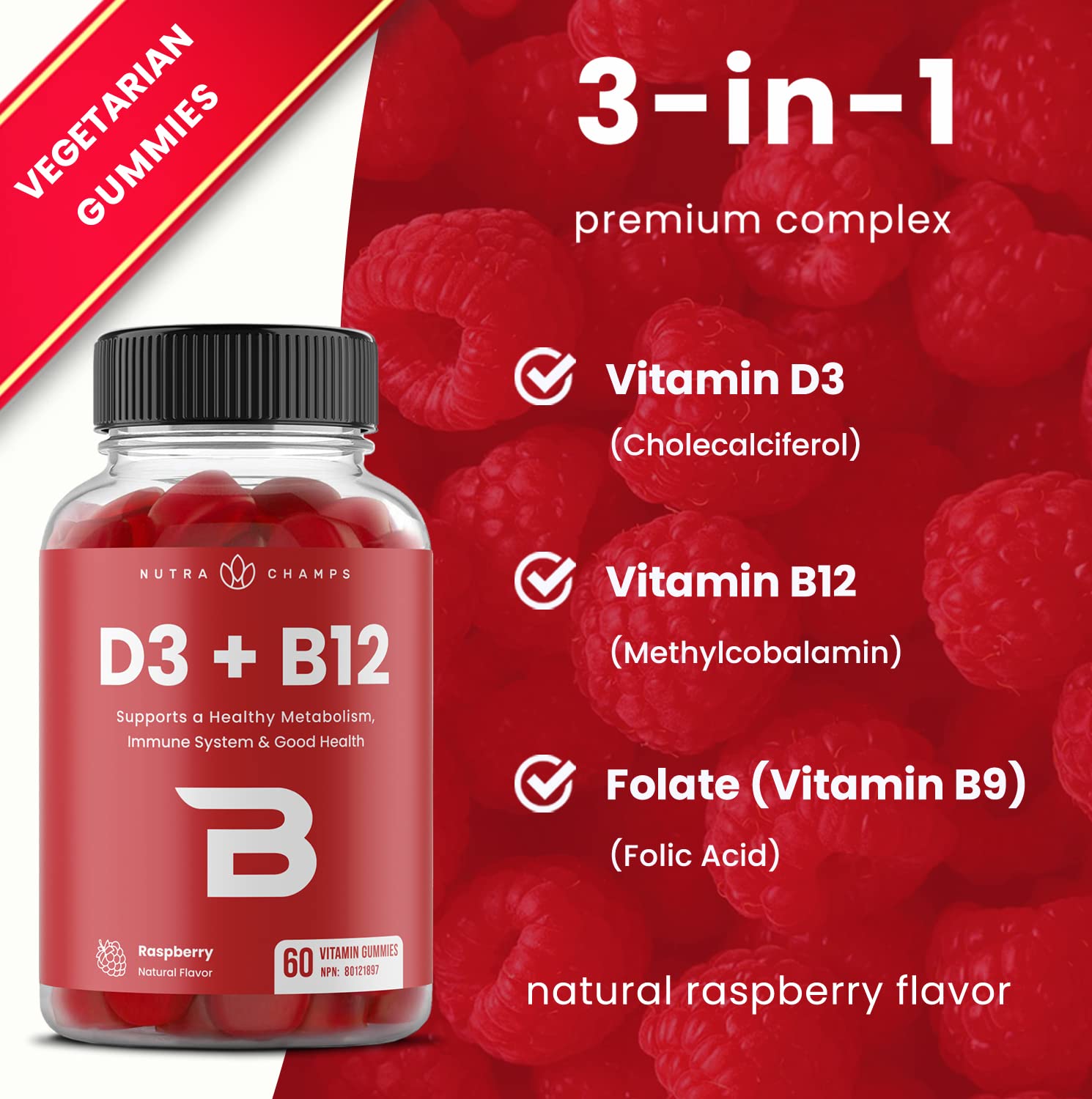 Vitamin D3 1000 IU + B12 1000mcg Per Serving | Chewable Vitamins B & D Gummies for Adults, Kids, Women & Men | Enhanced With Folate for Energy & Immunity | 120 Gummies - Available at All In One Marketplace Canada