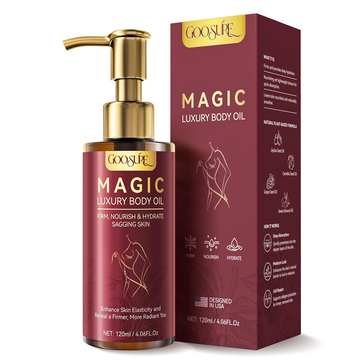 Magic Body Firming Oil, Natural Botanicals Firming Body Massage Oil, Fast Absorbing with Cactus Extract & Camellia, Vitamin E, Moisturizer & Hydrating Body Oil with Abdomen&Legs& Full Body, 4.06 Fl oz - Available at All In One Marketplace Canada