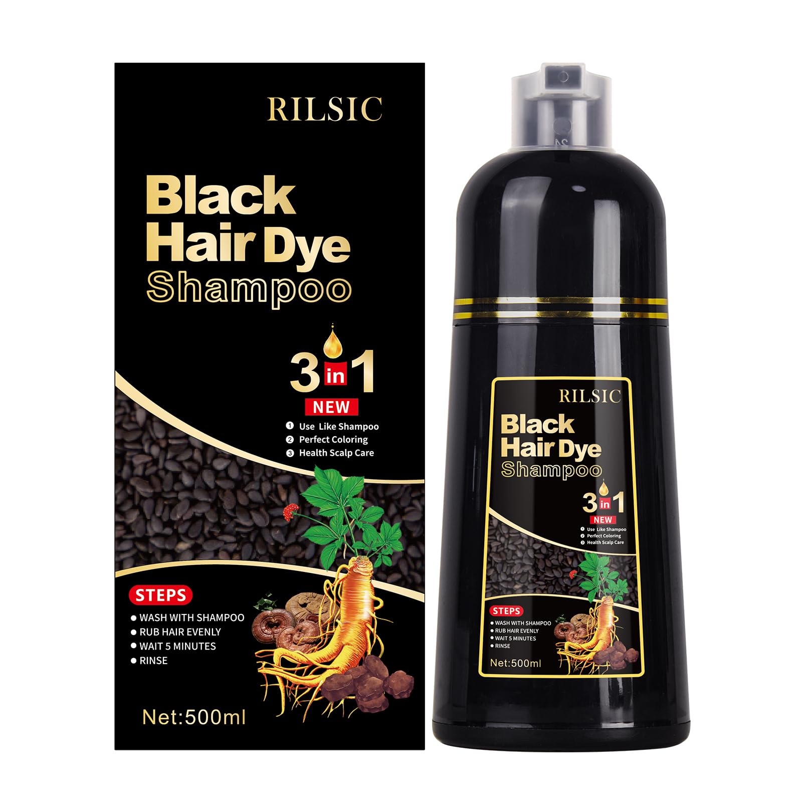 500ML Hair Color Shampoo for Women Men, Hair Dye Shampoo for Grey Hair Beard Coverage, Instant Colour Shampoo 3 in 1 - Long Lasting - Natural - Hair Coloring Hair in Minutes (Natural Black) - Available at All In One Marketplace Canada