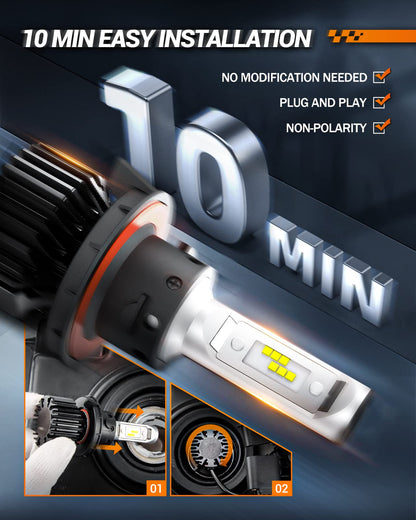 SEALIGHT H13 9008 LED Headlight Bulbs 50000LM 800% Brightness, Dual Hi/Lo Beam, 6000K Cool White, High Low Beam H13 Halogen Replacement, Plug and Play, IP67 Waterproof, Pack of 2