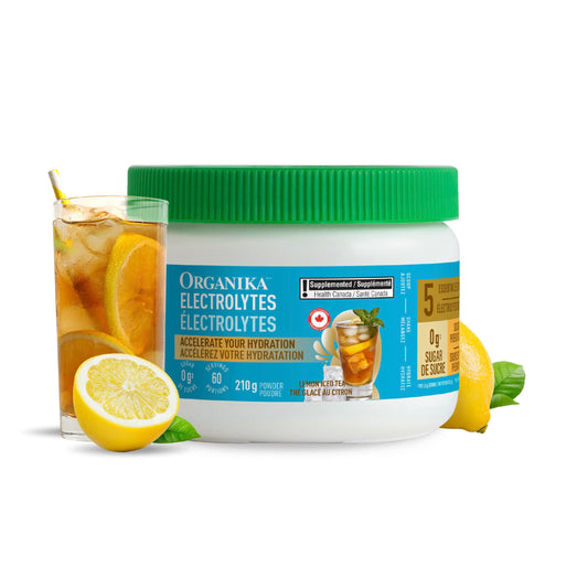 Organika Canadian-Made Electrolytes Powder with Vitamin C & Prebiotic Fibre - Sugar-Free Hydration Drink Mix - Lemon Iced Tea - 210 g - 60 servings