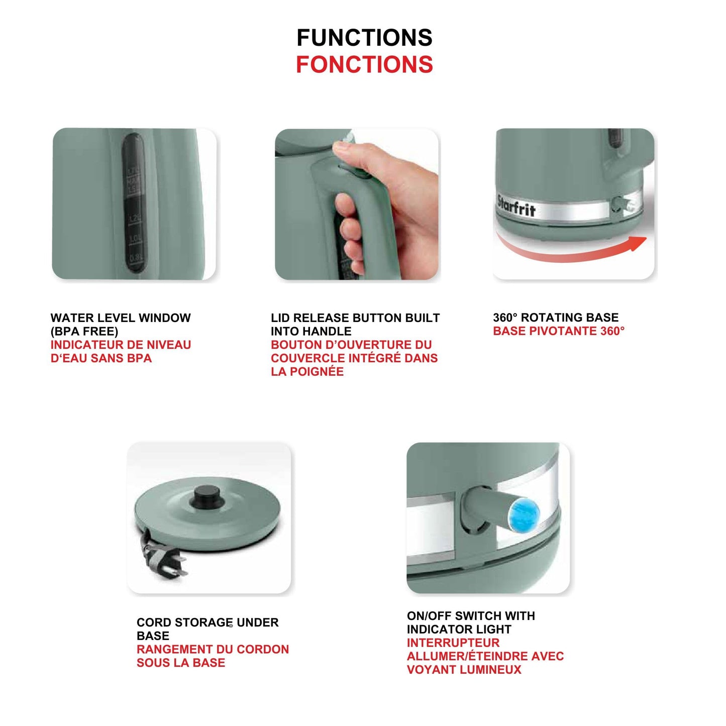 Starfrit Electric Kettle - 1.7L Capacity - Water Level Indicator - Automatic Shut-Off - 1500W – Sage - Available at All In One Marketplace Canada