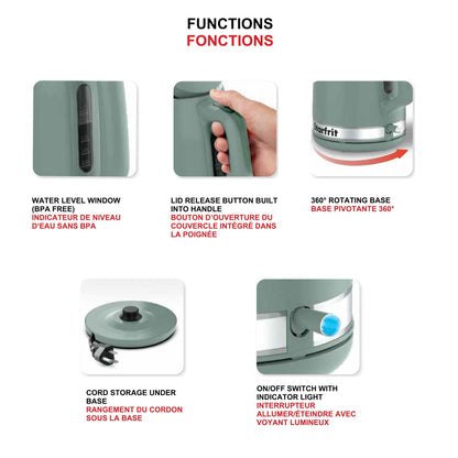 Starfrit Electric Kettle - 1.7L Capacity - Water Level Indicator - Automatic Shut-Off - 1500W – Sage - Available at All In One Marketplace Canada