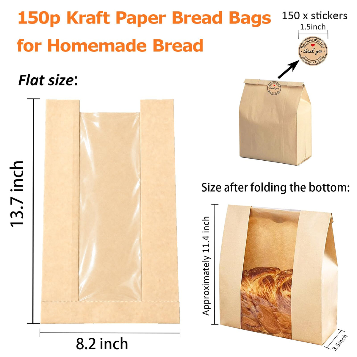 150p Sourdough Paper Bread Bags for Loaf, Cookie, Pastry, 13.7x8.2x3.5 in 🍁 All In One Marketplace Canada