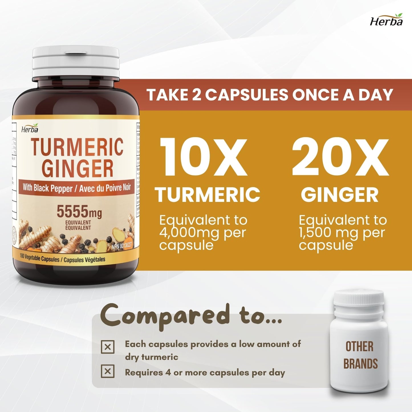 Herba Turmeric Supplements for Inflammation with Black Pepper and Ginger - 180 Capsules | 5,555mg Equiv. with 95% Turmeric Curcumin Supplements with Black Pepper | Joint Pain Relief | Made in Canada - Available at All In One Marketplace Canada
