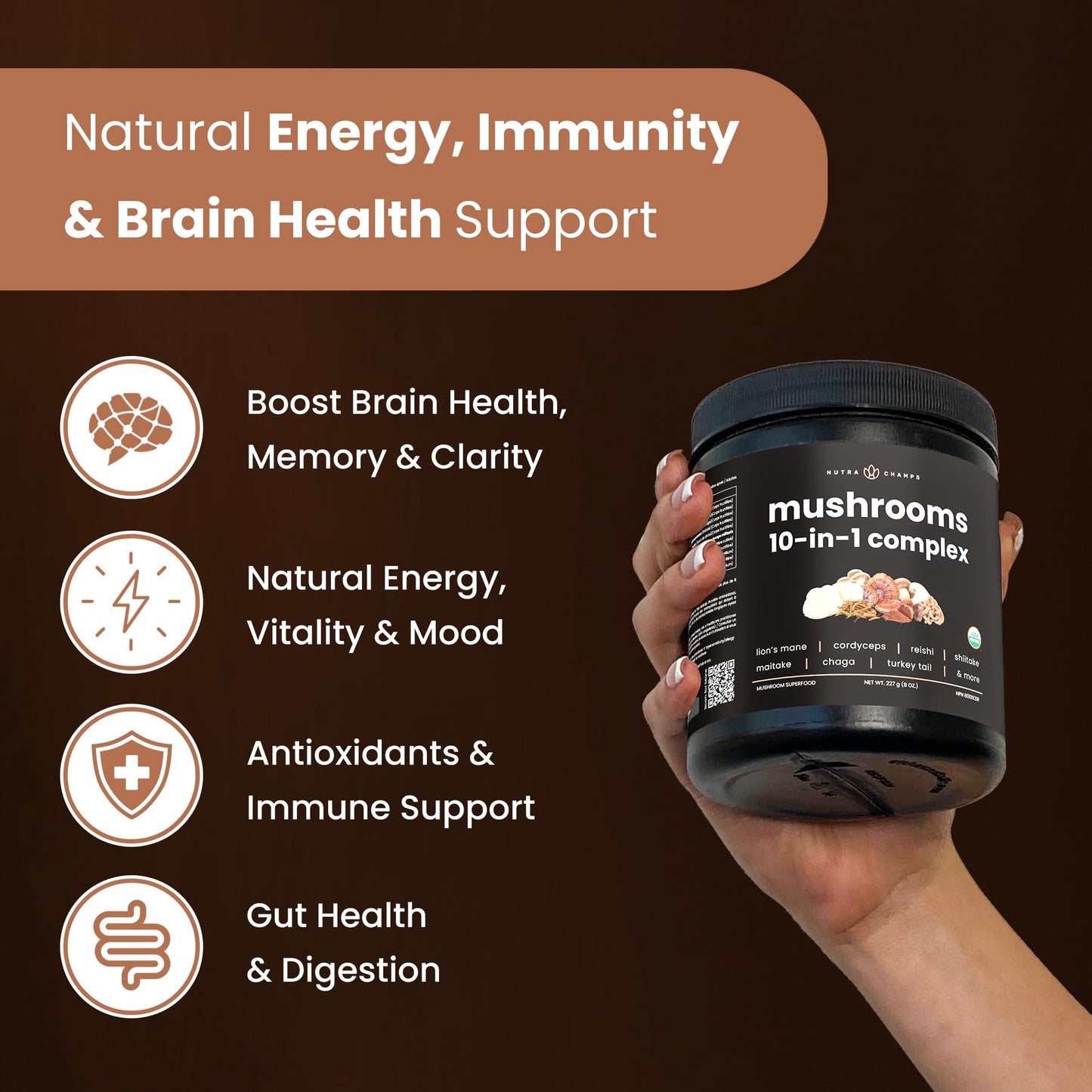 Organic Mushroom Powder - 10-in-1 Complex - Mushroom Supplement Powder Blend for Memory, Focus & Immune Support - Mushroom Blend For Coffee, Water, Smoothies - 8oz - Available at All In One Marketplace Canada