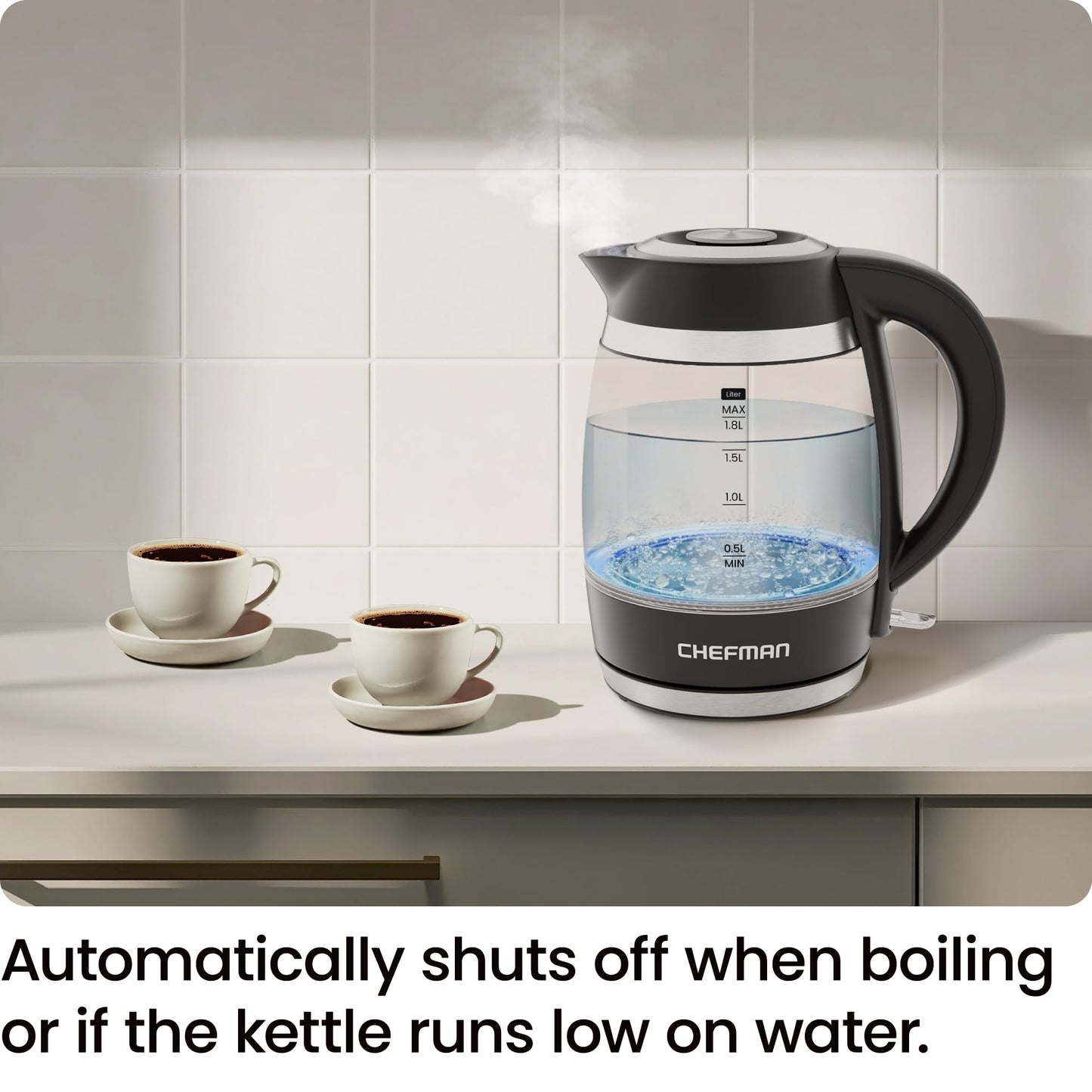 Chefman Electric Kettle, 1.8L 1500W, Hot Water Boiler, Removable Lid for Easy Cleaning, Auto Shut Off, Boil-Dry Protection, Stainless Steel Filter, BPA Free, Borosilicate Glass Electric Tea Kettle - Available at All In One Marketplace Canada