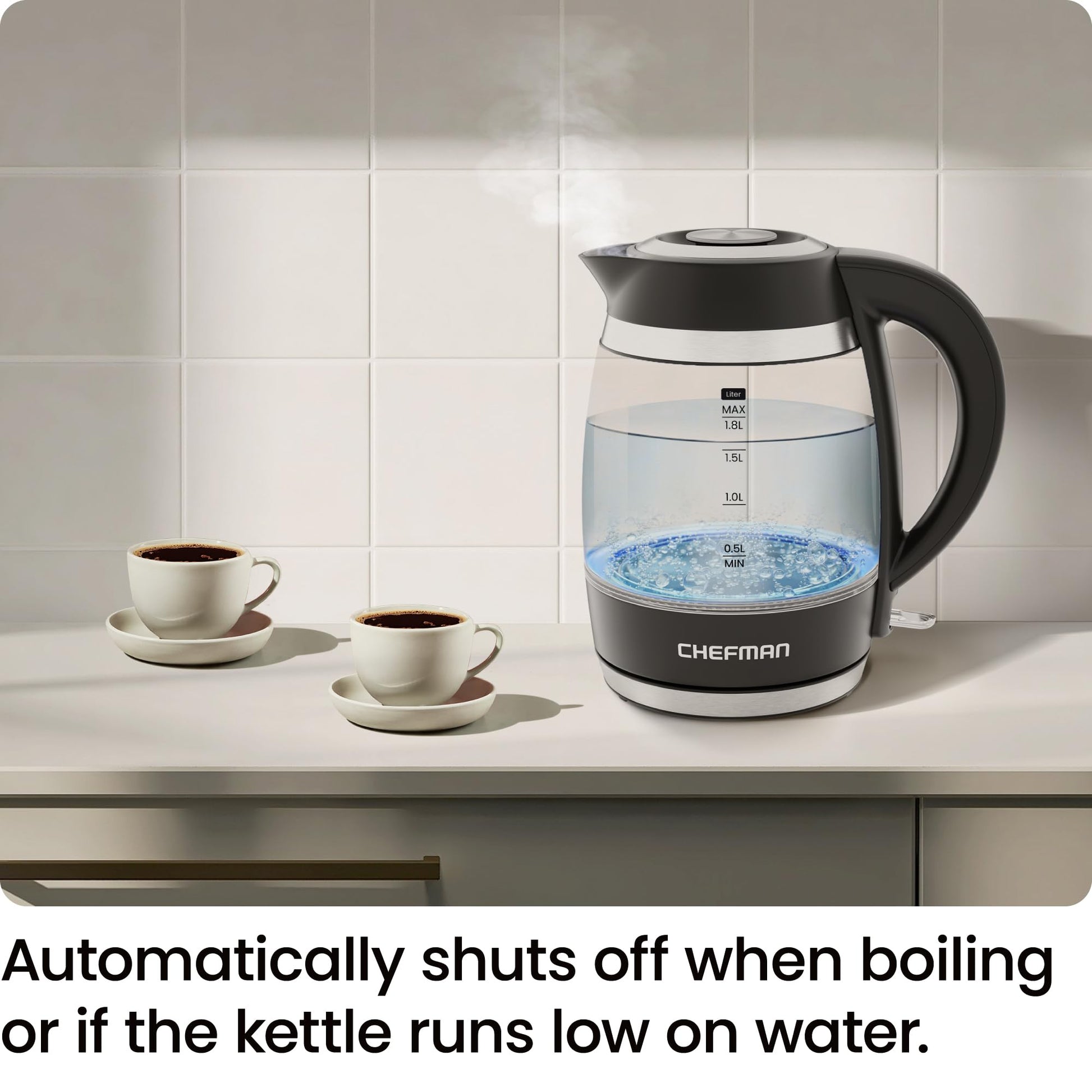 Chefman Electric Kettle, 1.8L 1500W, Hot Water Boiler, Removable Lid for Easy Cleaning, Auto Shut Off, Boil-Dry Protection, Stainless Steel Filter, BPA Free, Borosilicate Glass Electric Tea Kettle - Available at All In One Marketplace Canada