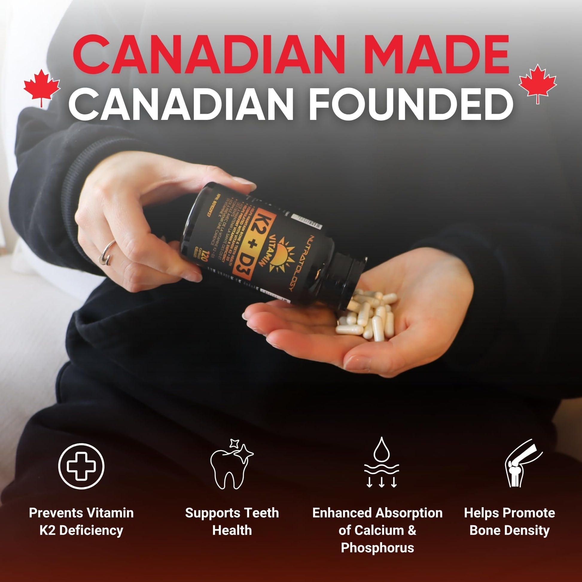 Nutratology® Vitamin K2 + D3 | Canadian-Made | Highest Potency 120MCG/1000 IU - 240 Capsules - Helps Maintain Bone & Teeth Health - Formulated With MK-7 For Best Results - Immune System Support.