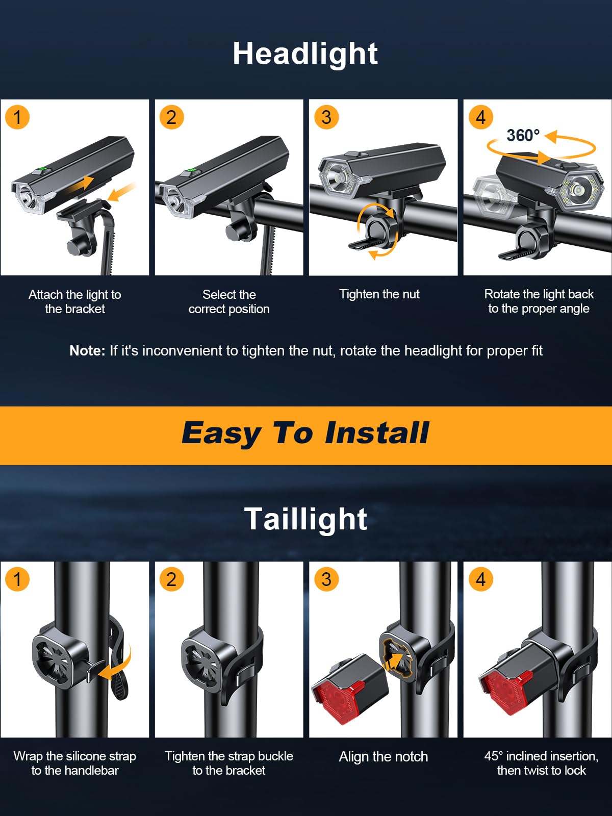 Oldowl Upgraded Bike Lights Super Bright, 4+6 Modes Rechargeable Bike Lights Front and Back with Side Lights, 360°Rotatable Bike Headlight, IP65 Waterproof Bicycle TailLight, Reflectors Accessories - Available at All In One Marketplace Canada