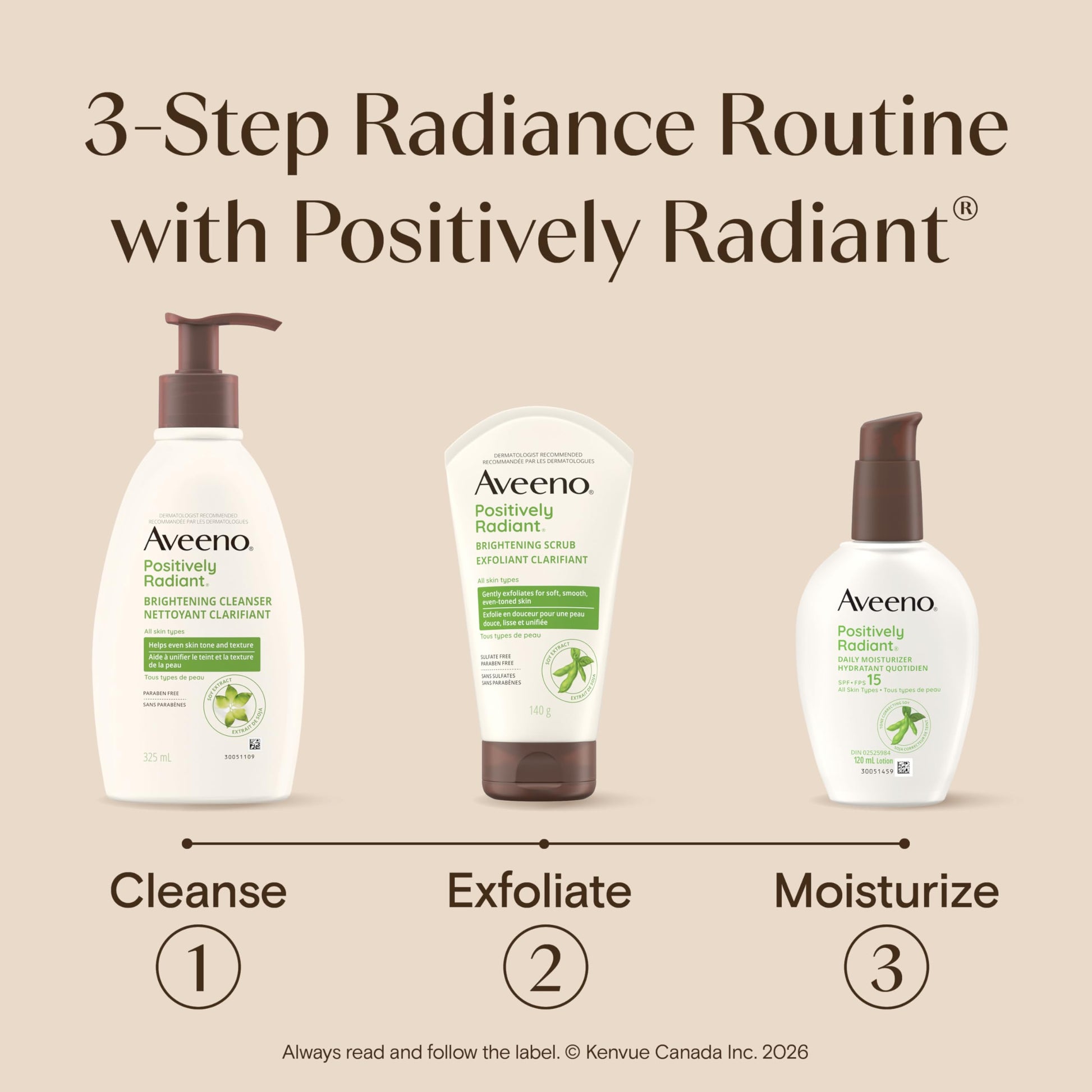 Aveeno Positively Radiant Daily Moisturizer SPF 15 - Face Lotion with Soy Formula for Dry Skin, Hypoallergenic & Oil-Free Lotion, Evens Tone & Texture, Non-Comedogenic Moisturizer for Face 120 mL