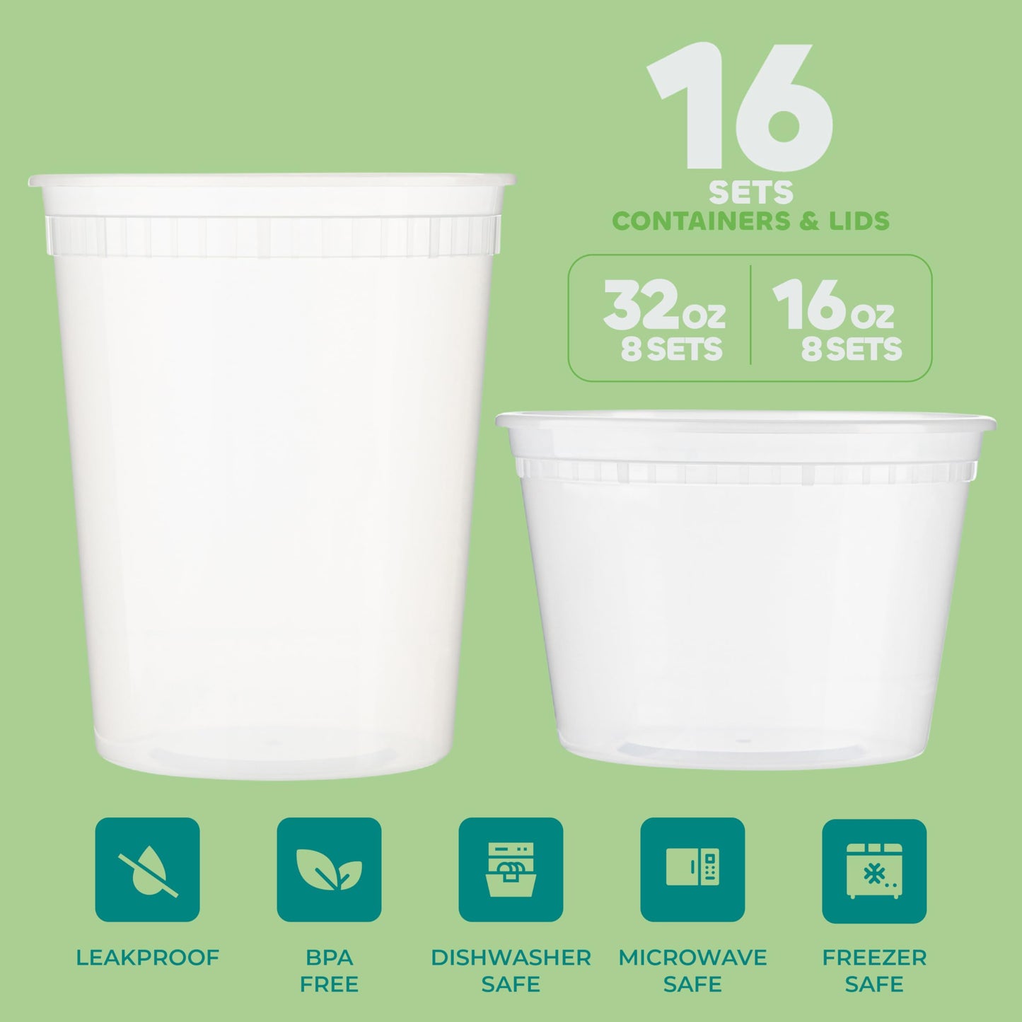 Deli Food Containers with Lids - (16 Sets) 8-32 Oz Quart Size & 8-16 Oz Pint Size Airtight Food Storage Takeout Meal Prep Containers, BPA-Free, Dishwasher, Microwave Safe - Available at All In One Marketplace Canada