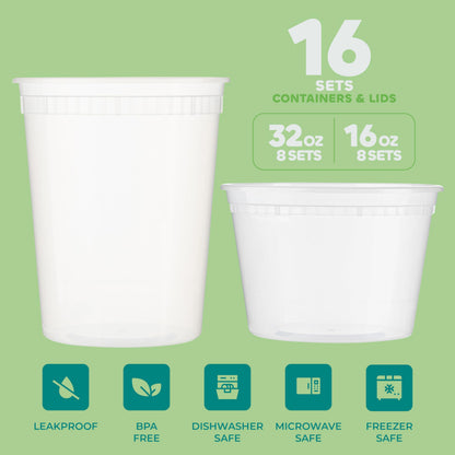 Deli Food Containers with Lids - (16 Sets) 8-32 Oz Quart Size & 8-16 Oz Pint Size Airtight Food Storage Takeout Meal Prep Containers, BPA-Free, Dishwasher, Microwave Safe - Available at All In One Marketplace Canada