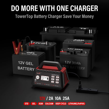 TowerTop 2/10/25 Amp 12V Smart Car Battery Charger, Fully Automatic Battery Maintainer with Engine Start, Auto Desulfator, Battery Repair, Winter Mode, for AGM, STD, Gel, Deep Cycle Batteries（Red） 🍁 All In One Marketplace Canada