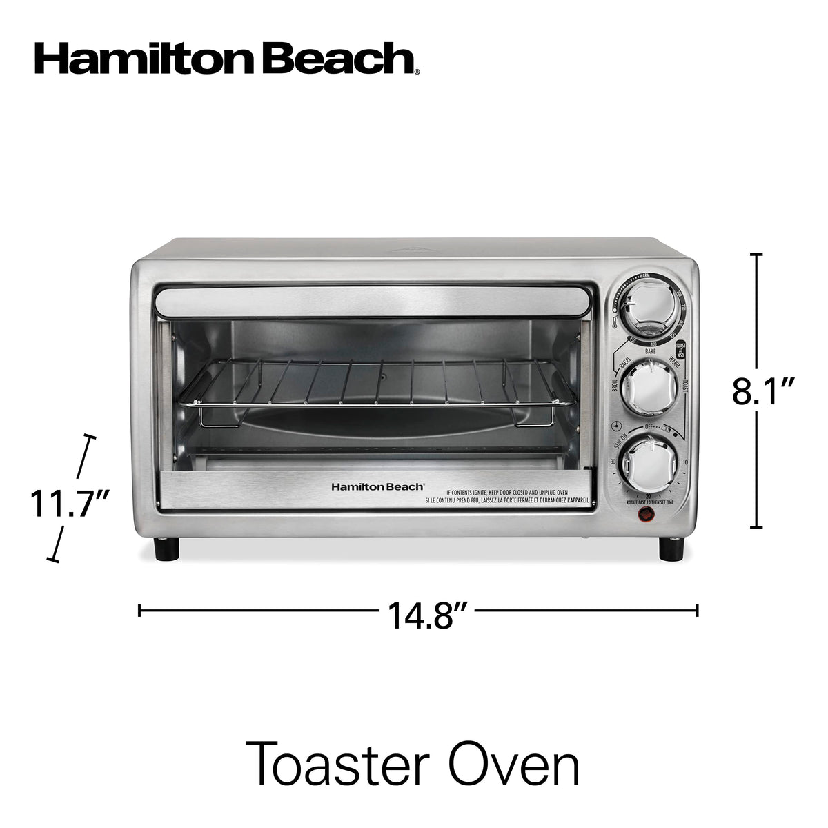 Hamilton Beach 4-Slice Toaster Oven, Stainless Steel, Compact Countertop Oven, Bake, Broil, Toast, Bagel & Keep Warm, 1100W, 31143J
