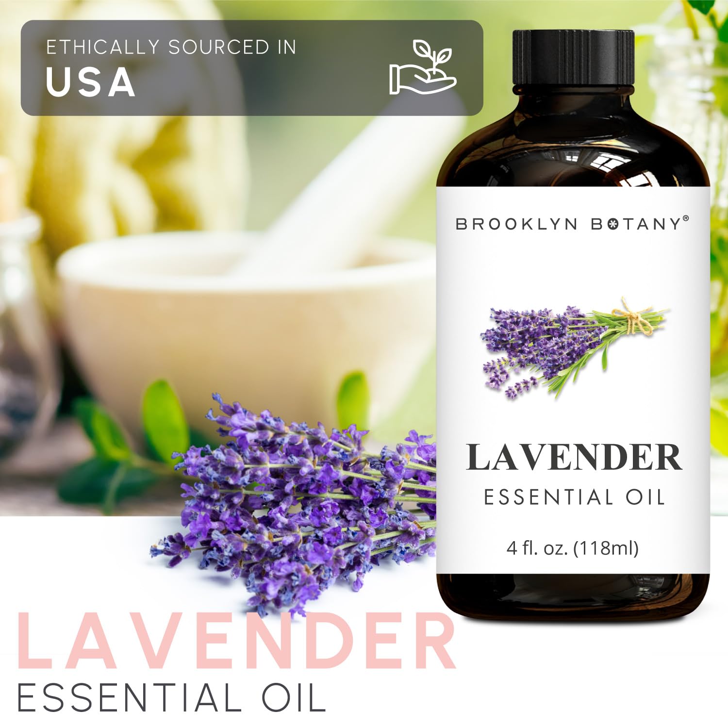 Brooklyn Botany Lavender Essential Oil - Huge 118 ml - with Glass Dropper - for Aromatherapy and Diffuser