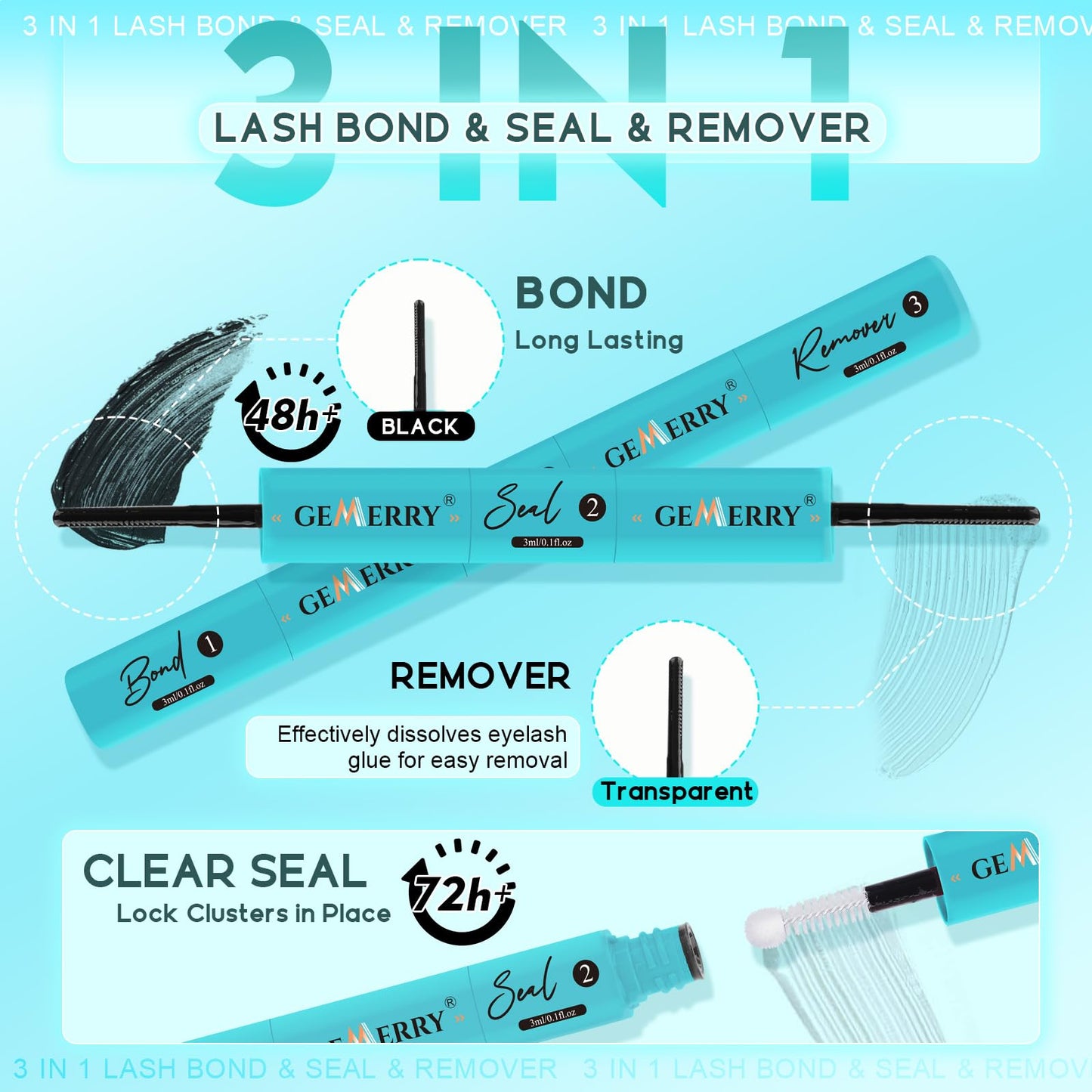 GEMERRY 3-IN-1 Lash Glue Lash Bond and Seal and Remover Clusters Lashes Glue Black Cluster Eyelash Glue Waterproof Long Lasting DIY Eyelash Extension at Home Latex-Free 9ML - Available at All In One Marketplace Canada