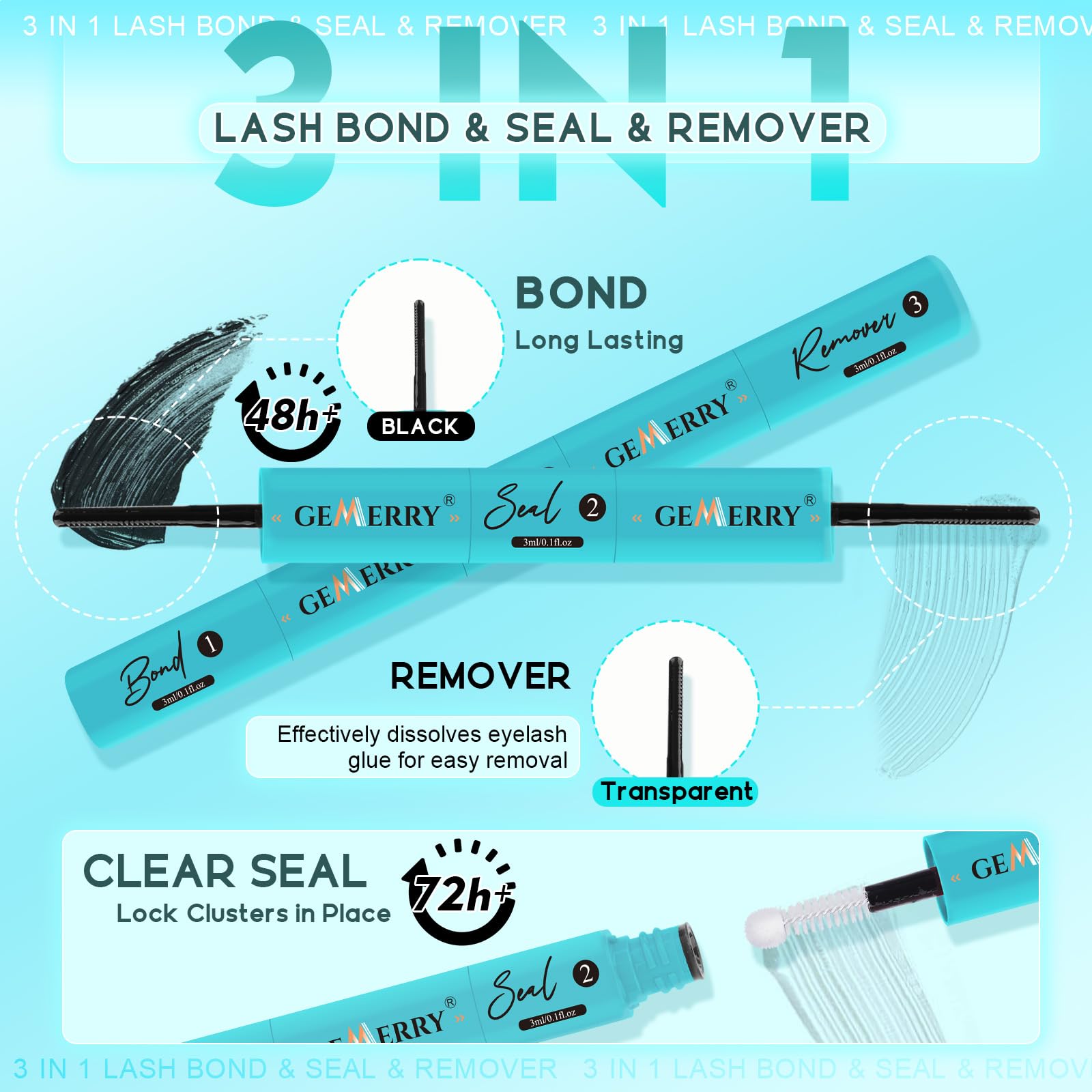 GEMERRY 3-IN-1 Lash Glue Lash Bond and Seal and Remover Clusters Lashes Glue Black Cluster Eyelash Glue Waterproof Long Lasting DIY Eyelash Extension at Home Latex-Free 9ML - Available at All In One Marketplace Canada