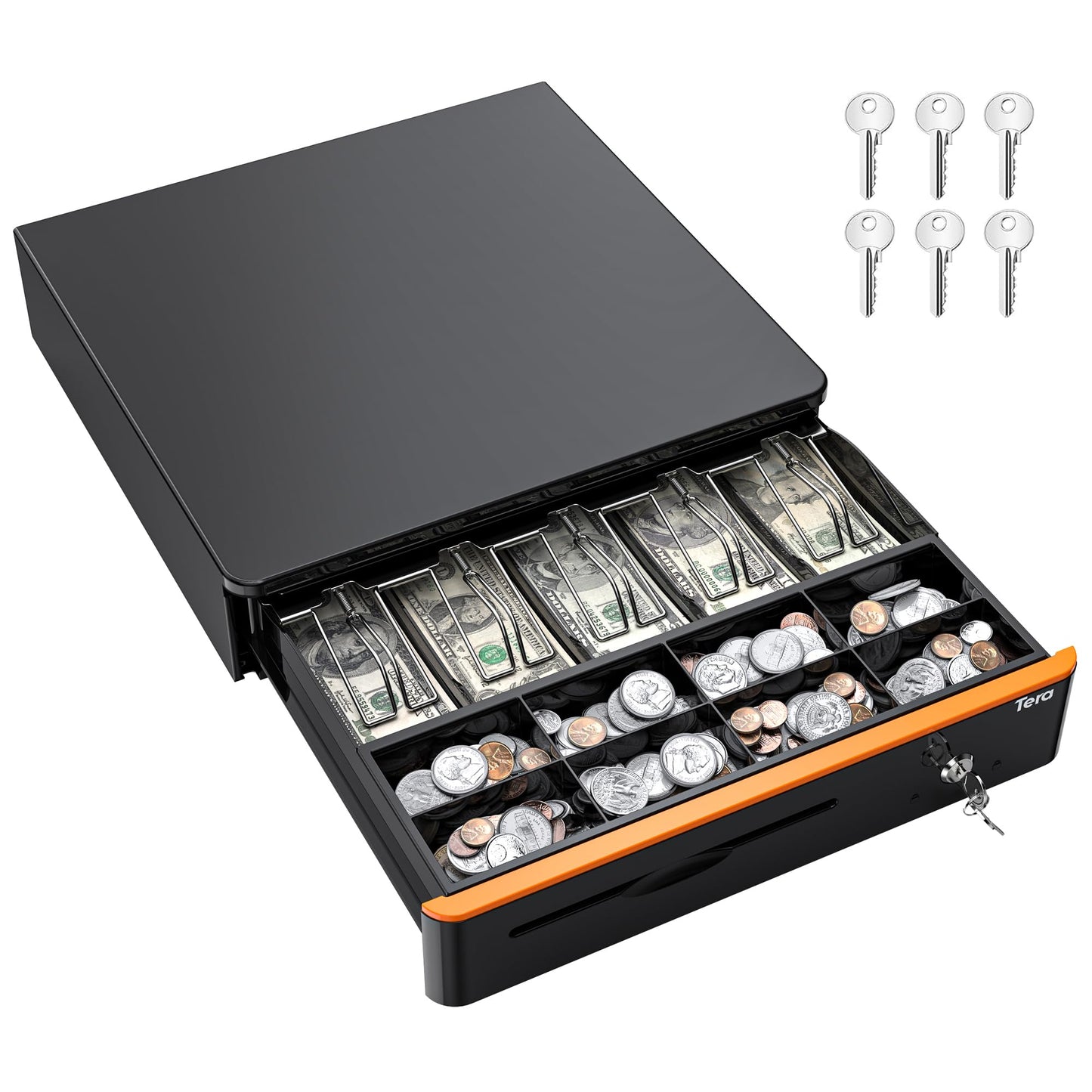 Tera 16" Auto Open Cash Register Drawer Insert Tray 5 Bill 8 Coin for Point of Sale (POS) System with Removable Cash Tray Media Slot 24V RJ12 Key-Lock (Round Corner) for Small Businesses Retail 405R Tera