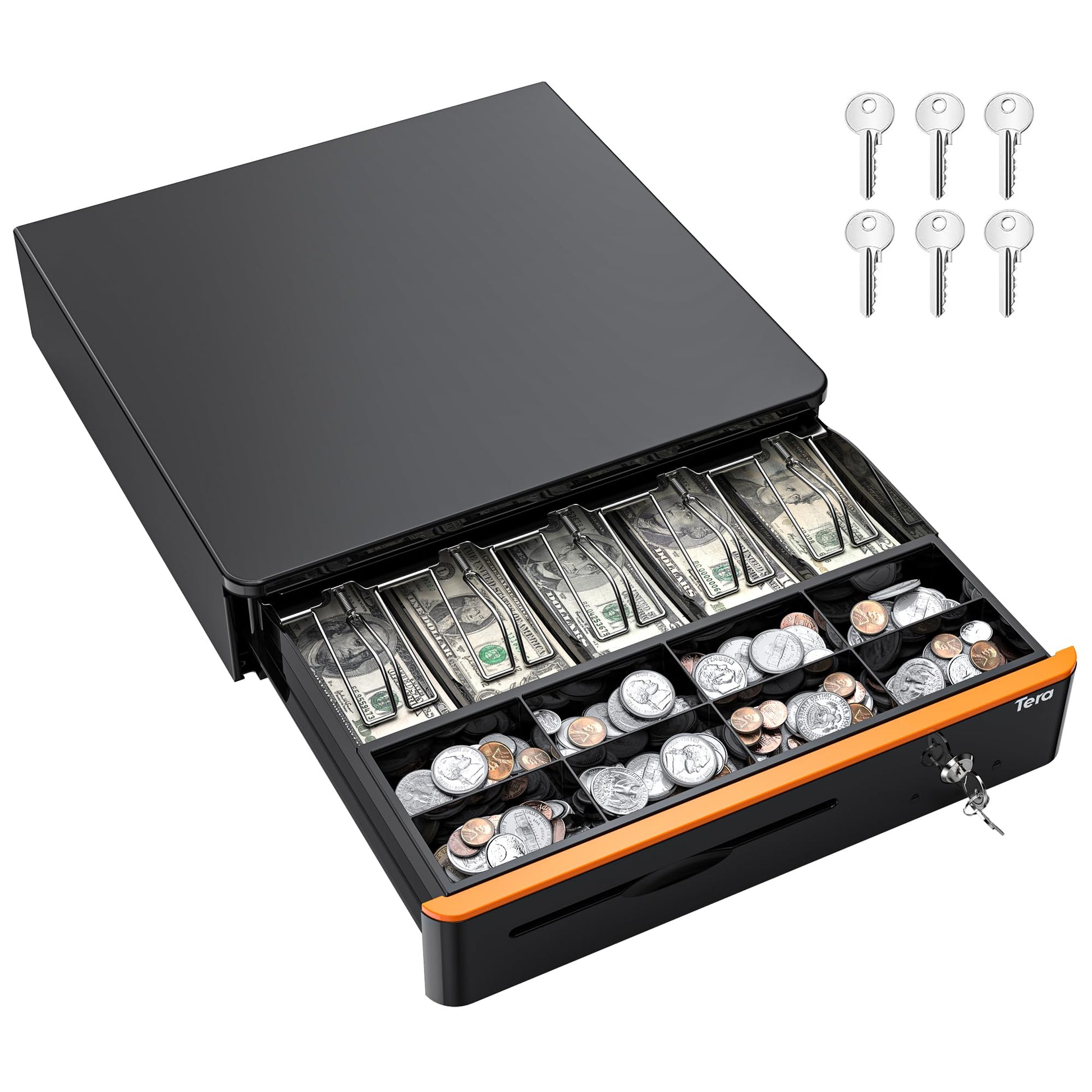 Tera 16" Auto Open Cash Register Drawer Insert Tray 5 Bill 8 Coin for Point of Sale (POS) System with Removable Cash Tray Media Slot 24V RJ12 Key-Lock (Round Corner) for Small Businesses Retail 405R Tera