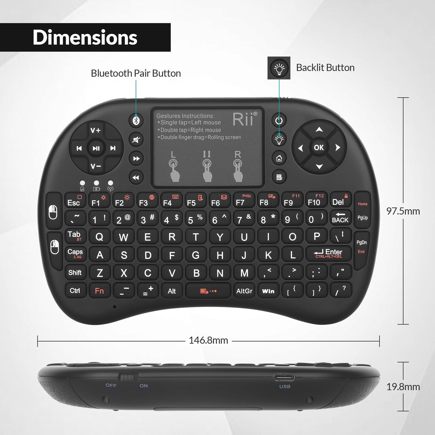 Rii i8+ Mini Wireless Keyboard,Bluetooth Keyboard with Touchpad,Handheld Remote,LED Backlit Compatible with Android TV Box, Android Smart TV,HTPC,Raspberry Pi, Win 7 8 10,Mac OS