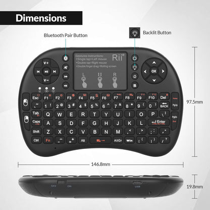 Rii i8+ Mini Wireless Keyboard,Bluetooth Keyboard with Touchpad,Handheld Remote,LED Backlit Compatible with Android TV Box, Android Smart TV,HTPC,Raspberry Pi, Win 7 8 10,Mac OS