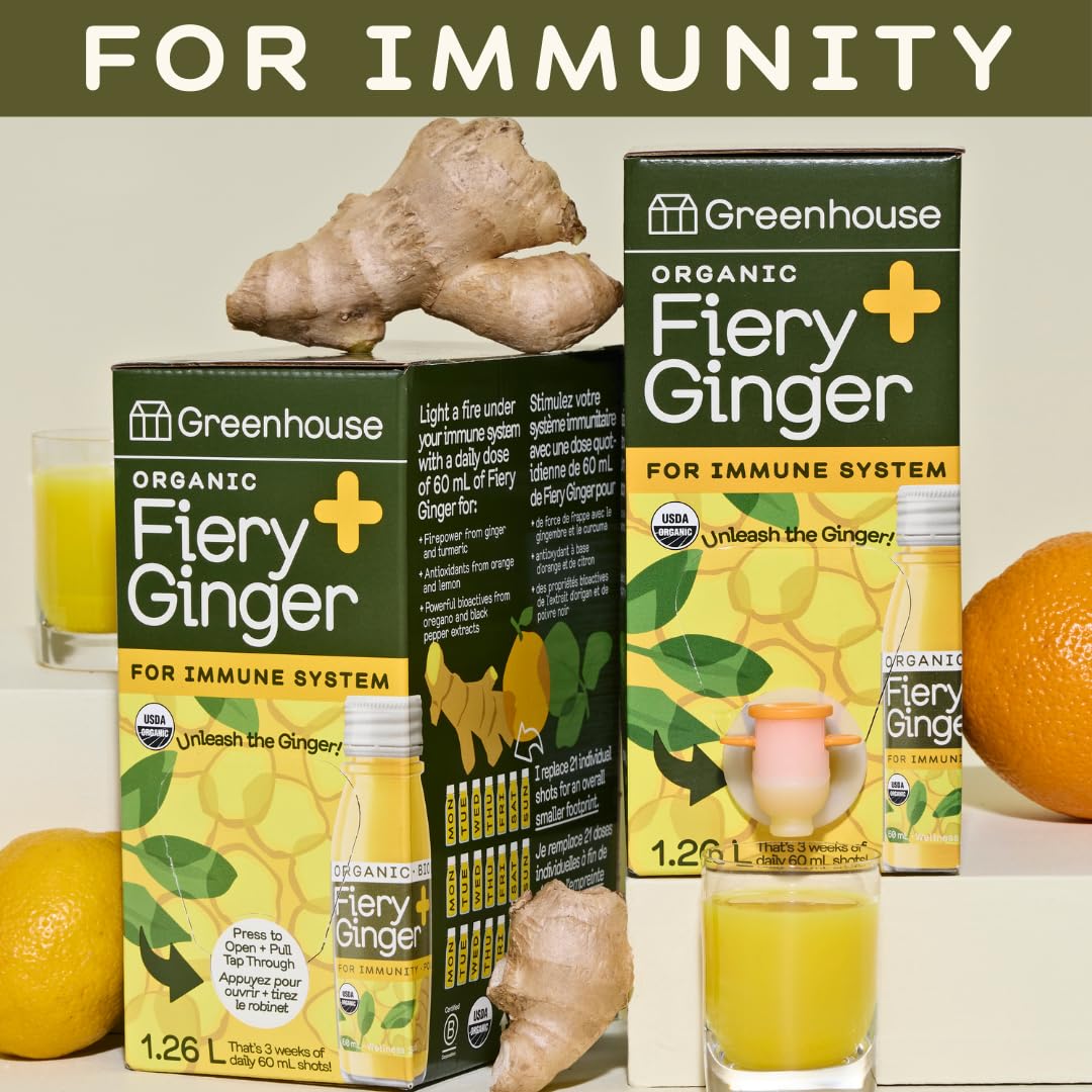 Greenhouse Juice Organic Fiery Ginger Wellness Shot 1.26L - Immunity & Anti-Inflammatory Blend with Turmeric, Lemon, Black Pepper & Oregano (2-Pack Bag-in-Box)