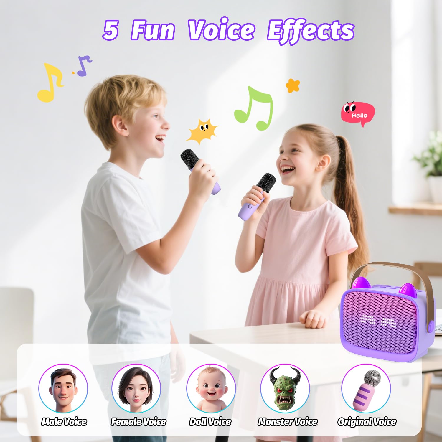 Mini Karaoke Machine Toys Gifts, Kids Portable Bluetooth Speaker with 2 Wireless Microphone and LED, Christmas Birthday Gift Idea for Girls Boys 3-12 + Year Old, Noisemaker Toys for Party (Purple)