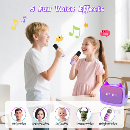 Mini Karaoke Machine Toys Gifts, Kids Portable Bluetooth Speaker with 2 Wireless Microphone and LED, Christmas Birthday Gift Idea for Girls Boys 3-12 + Year Old, Noisemaker Toys for Party (Purple)