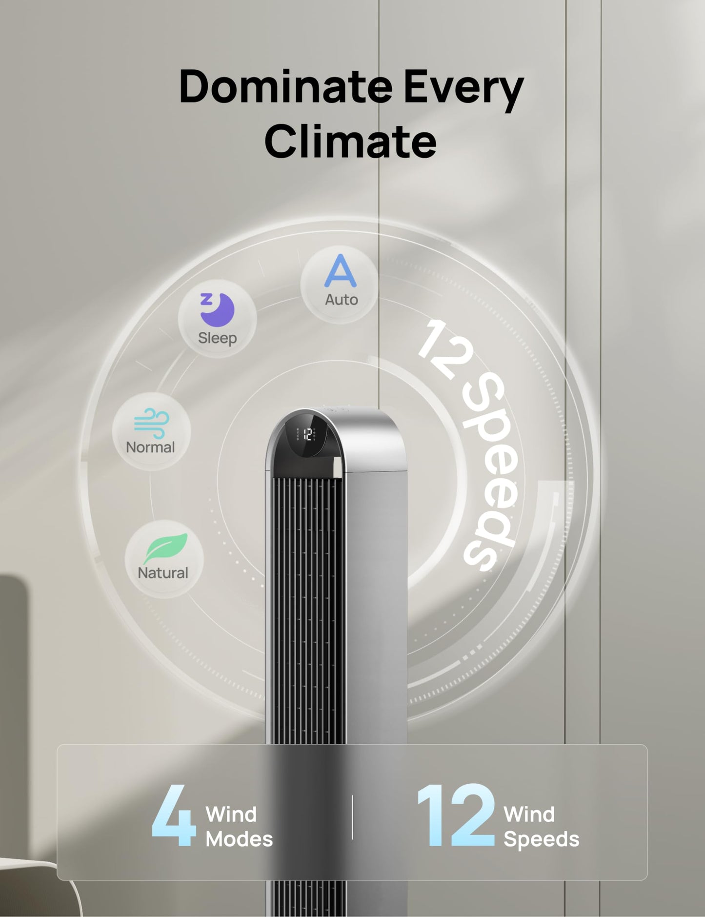 DREO Pilot Max 120° Oscillating Tower Fan, 42 Inch Bladeless Fan for Bedroom, 25dB Quiet DC Motor, Standing Fan with Remote, 12 Hyper Wind Speeds, 4 Modes, 12H Timer Floor Fans for Home Living Room DREO