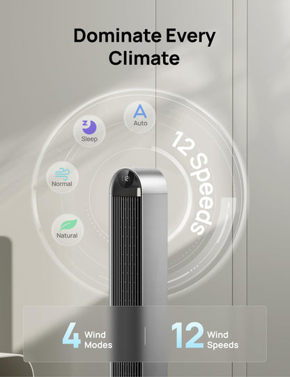 DREO Pilot Max 120° Oscillating Tower Fan, 42 Inch Bladeless Fan for Bedroom, 25dB Quiet DC Motor, Standing Fan with Remote, 12 Hyper Wind Speeds, 4 Modes, 12H Timer Floor Fans for Home Living Room DREO