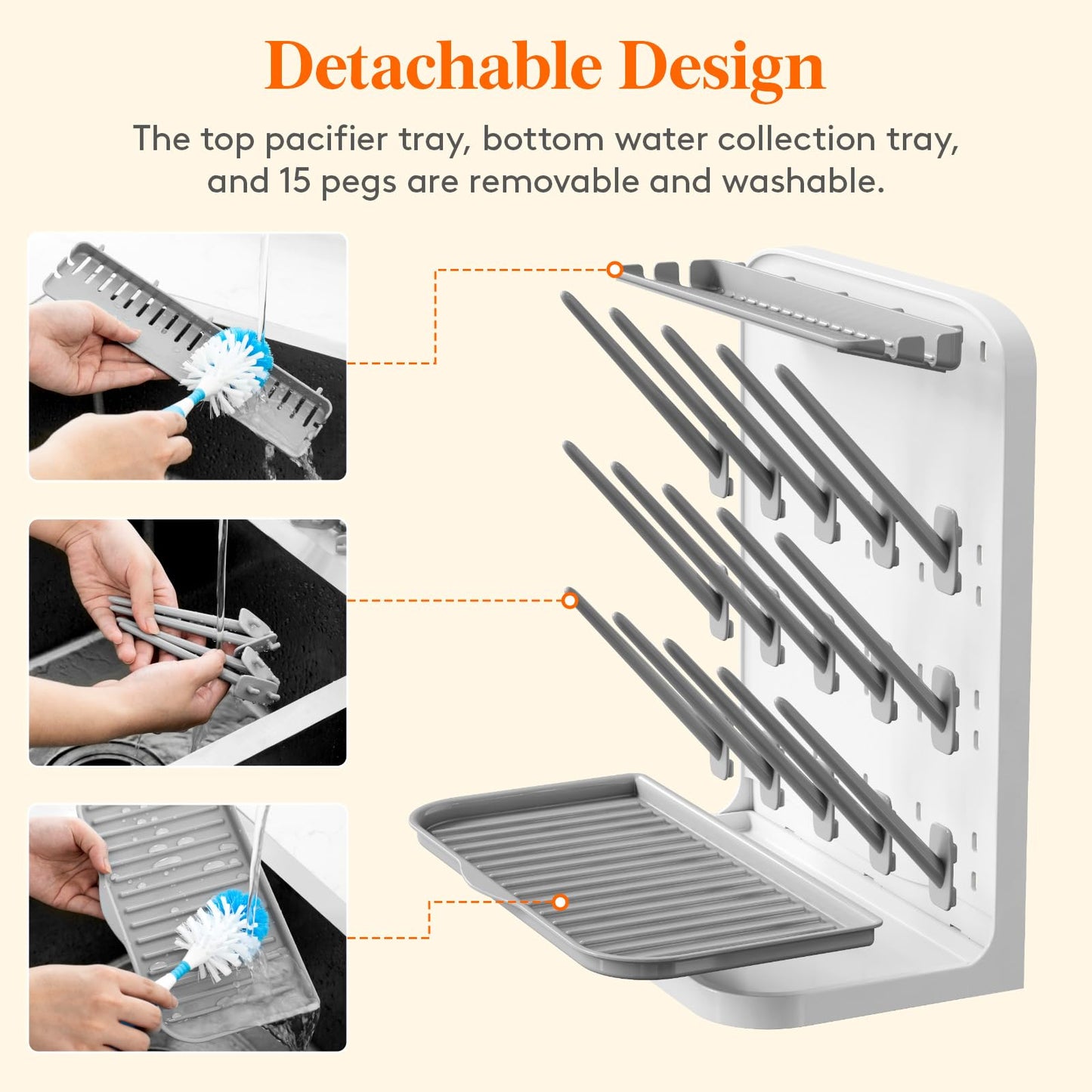 Lifewit Large Baby Bottle Drying Rack for 15 Bottles, Removable Pacifiers Box, Drip Tray, Vertical Rack for Bottle Accessories, Weighted Straws，Pump Parts, BPA-Free, White&Gray, Without Drain Mat