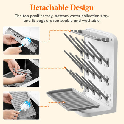 Lifewit Large Baby Bottle Drying Rack for 15 Bottles, Removable Pacifiers Box, Drip Tray, Vertical Rack for Bottle Accessories, Weighted Straws，Pump Parts, BPA-Free, White&Gray, Without Drain Mat