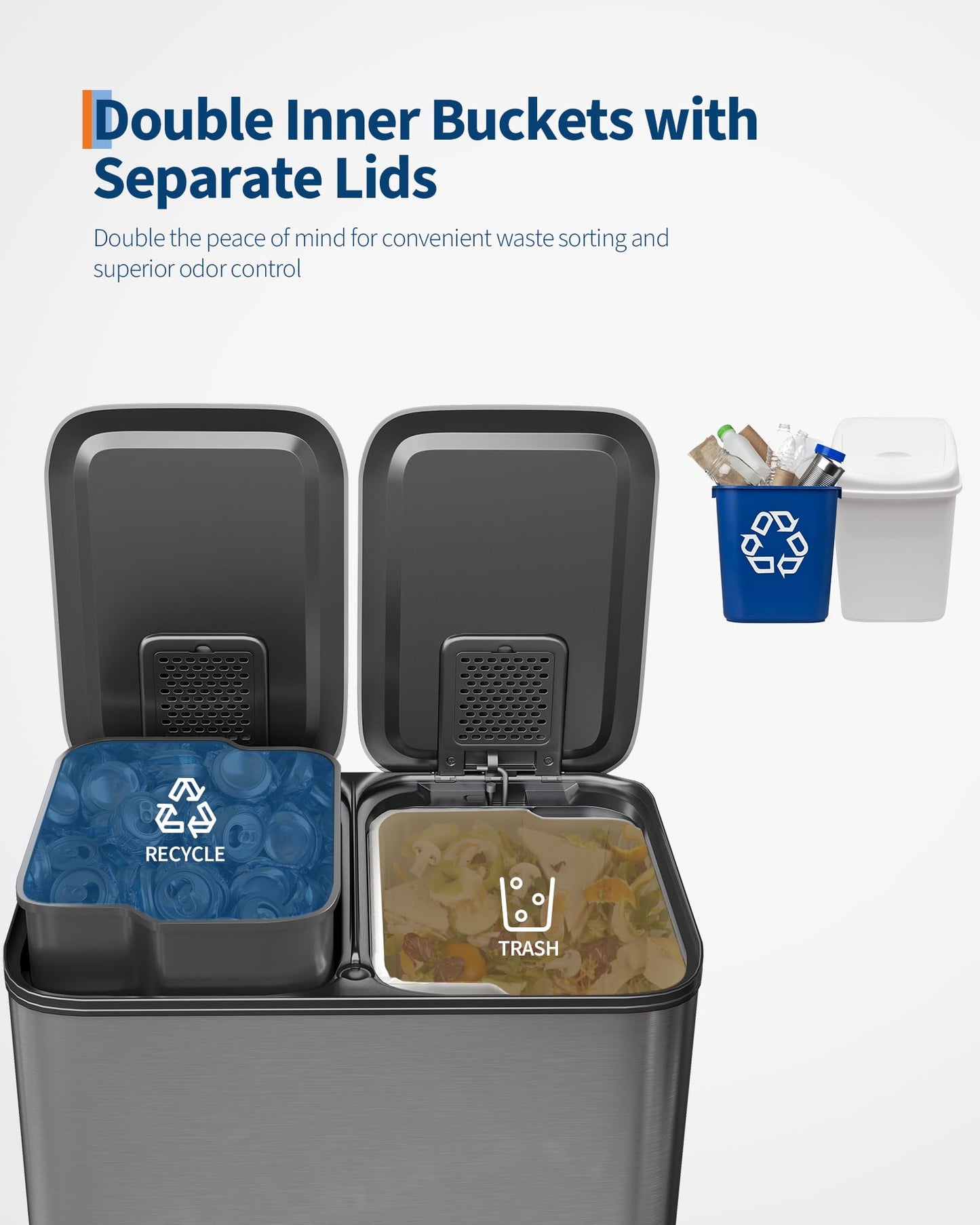 GarveeHome 2 x 8 Gallon Stainless Steel Double Trash Can with Lid for Kitchen, Large Dual Trash and Recycle Bin Combo, Step-on Kitchen Metal Garbage Cans, PP Inner Buckets, Liner Rim, Matte Grey GarveeHome