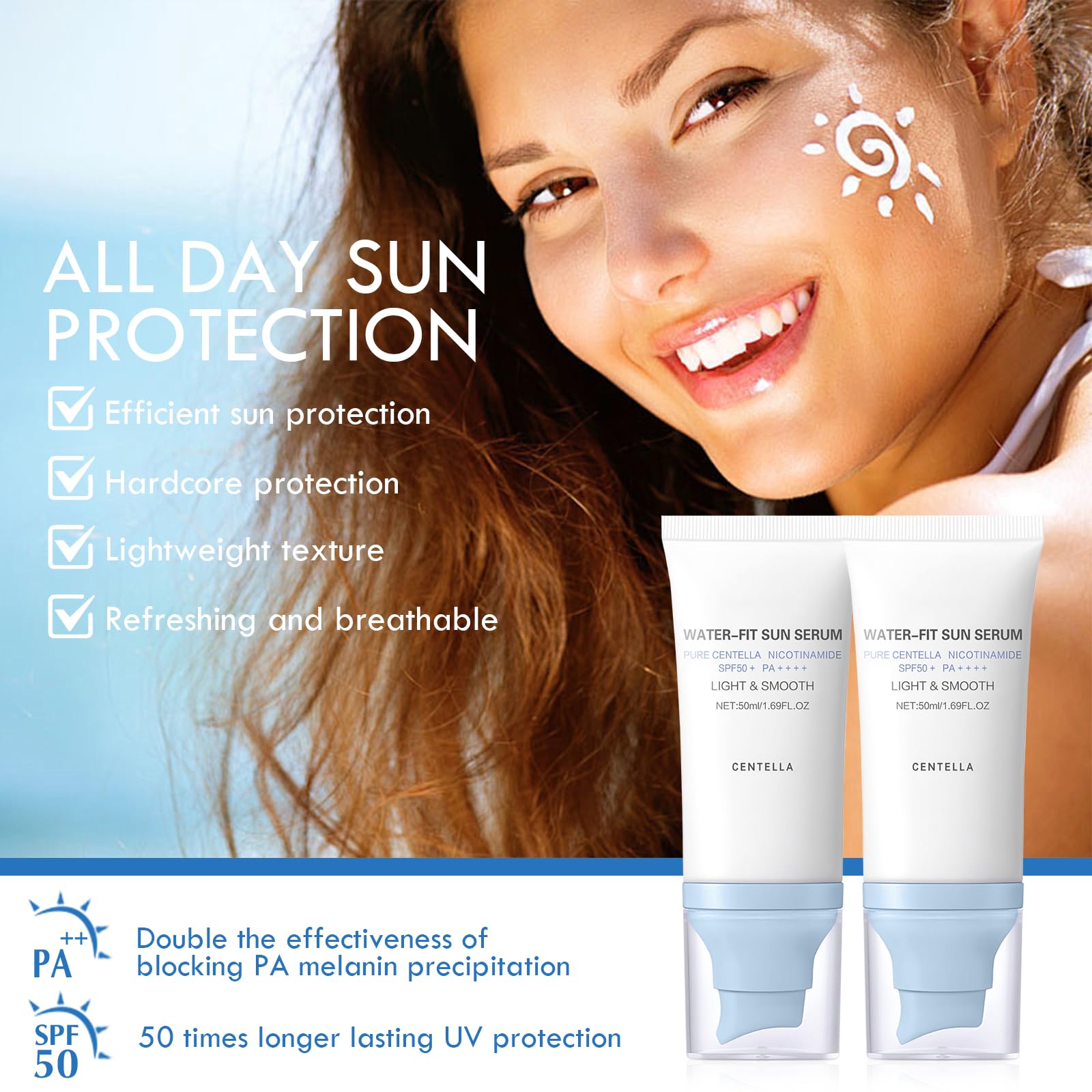 2PCS Centella Sunscreen SPF 50, 50ML 𝑴𝒂𝒅𝒂𝒈𝒂𝒔𝒄𝒂𝒓 Sunscreen Face Serum, Daily UV Defense Sunblock Summer Korean Sunscreen for Face, Travel Essentials for All Skin (White) - Available at All In One Marketplace Canada