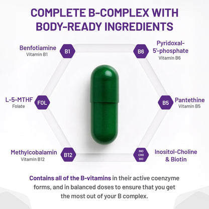 AOR Advanced B Complex Capsules, 180 Count 180-Day Supply - Full-Spectrum B Vitamin Blend with B1, B2, B3, B5, B6, B12, Inositol, Folic Acid & Biotin - Vegan, Non-GMO & Gluten-Free - Promotes Energy
