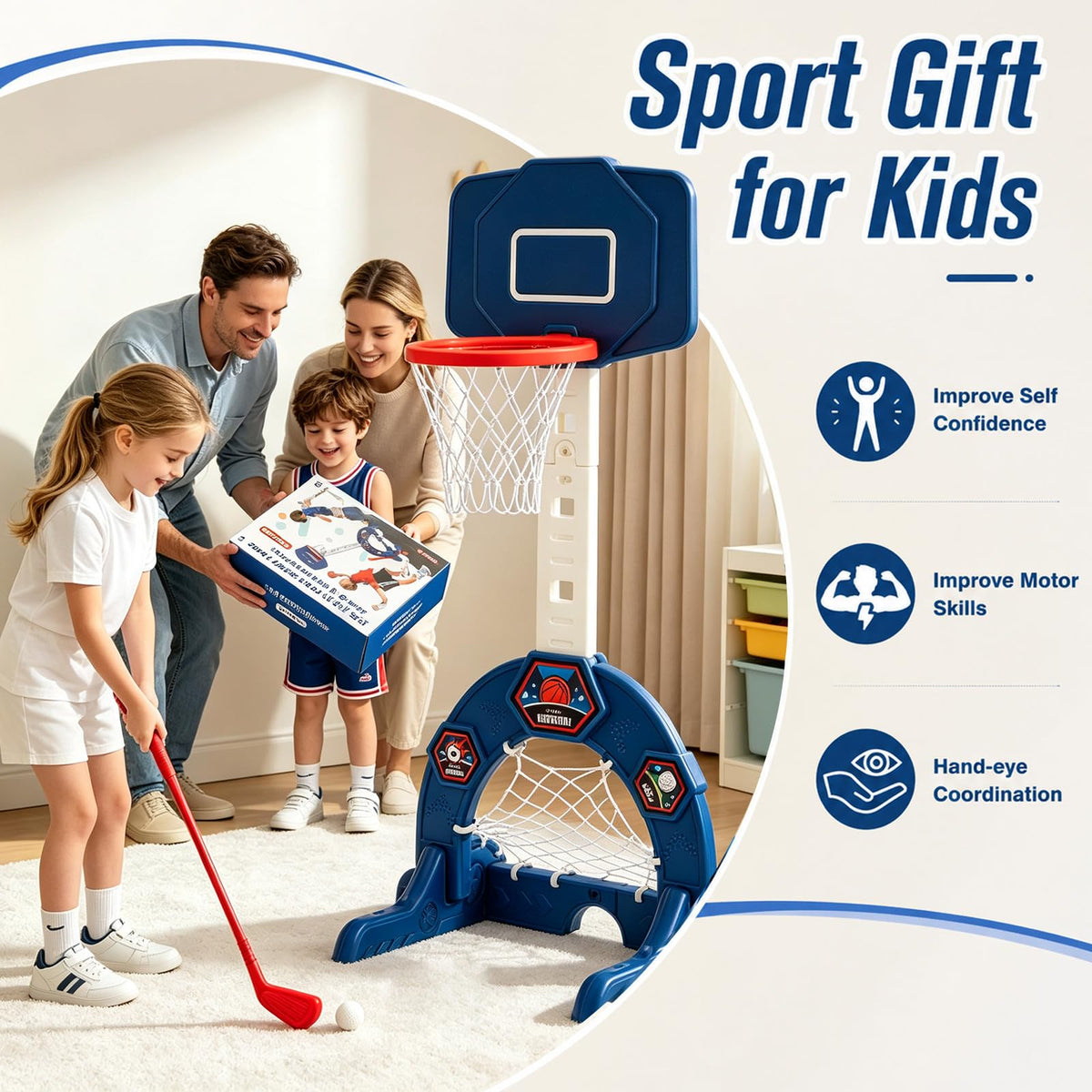 Hogaruly Toddler Basketball Hoop, Indoor Basketball Net for Kids with Soccer Goal, Golf Game, Adjustable Height Kids Basketball Hoop Christmas Birthday Gifts for 3-8 Years Old Boys and Girls 🍁 All In One Marketplace Canada