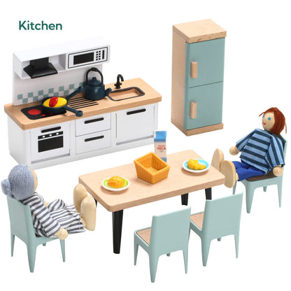 Giant bean 36pcs Wooden Dollhouse Furniture Set 5 Rooms 4 Family Dolls 🍁 All In One Marketplace Canada