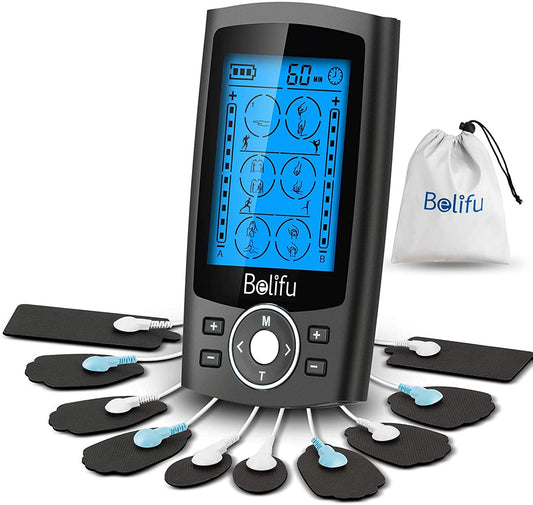 Belifu Dual Channel TENS EMS Unit 24 Modes Muscle Stimulator for Pain Relief Therapy, Electronic Pulse Massager Muscle Massager with 10 Pads, Dust-Proof Drawstring Storage Bag，Fastening Cable Ties - Available at All In One Marketplace Canada