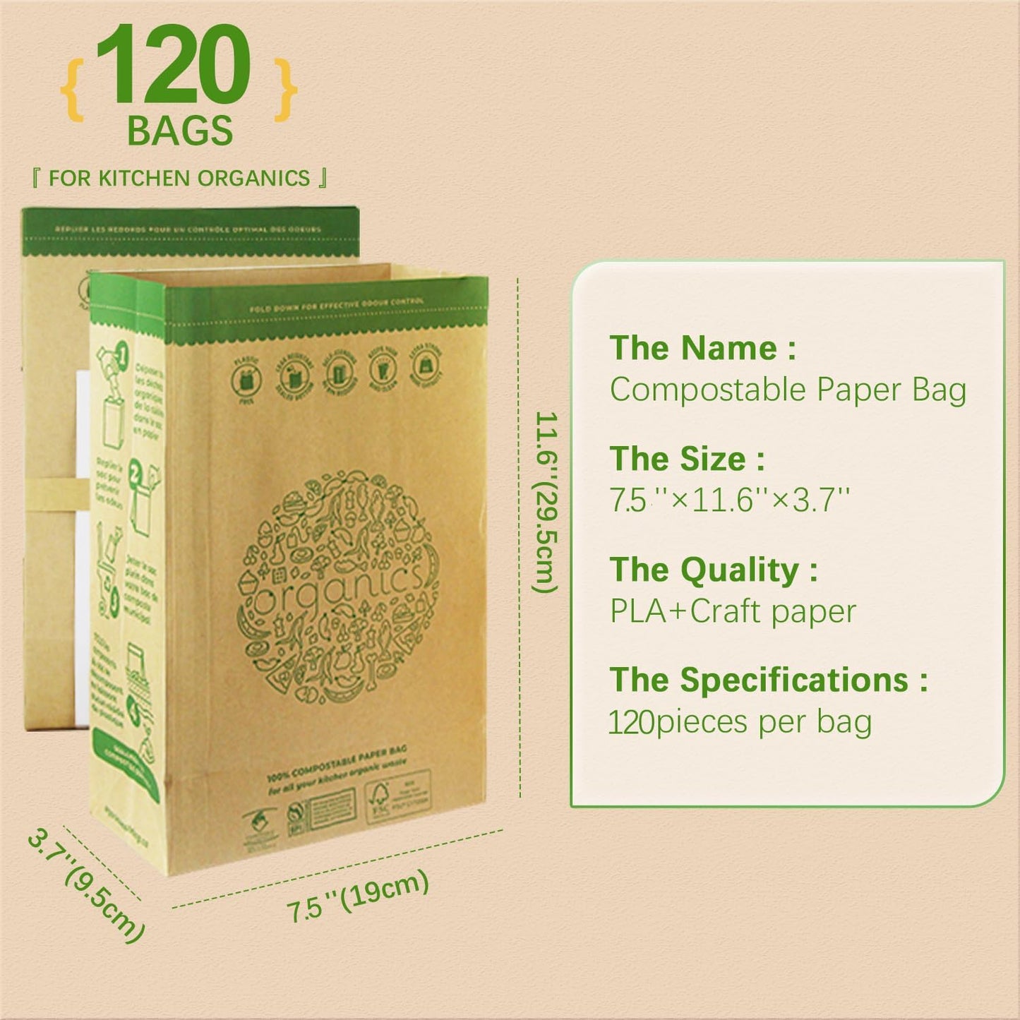 Hytrend-Kitchen Food Waste Bag-120 Bags -%100 Compostable paper Bag - Leak Resistant Liner - Plastic Free - Small-Certified by BNQ and BPI - Available at All In One Marketplace Canada
