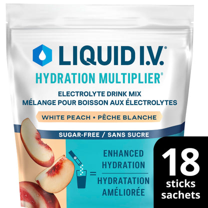 Liquid IV Sugar-Free Electrolyte Drink Mix for enhanced hydration, White Peach with Vitamins B3, B5, B12 and C 60g (18 sticks)