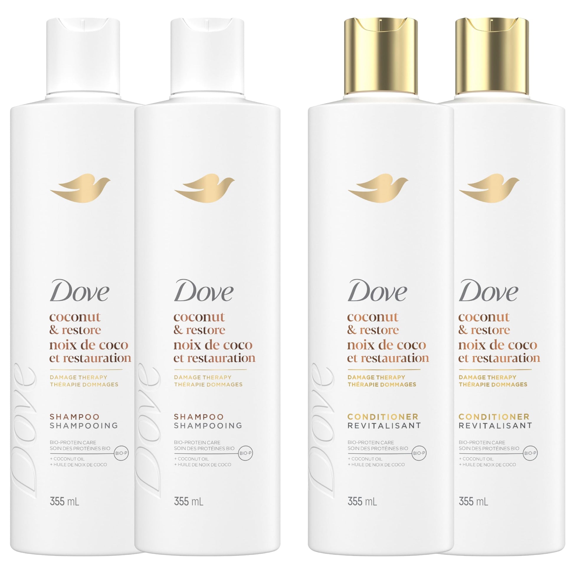 Dove Coconut Restore Shampoo & Conditioner for Damaged Hair, with Liquid Bio-Protein Care, 355 ML (2 Shampoo + 2 Conditioner) - Available at All In One Marketplace Canada