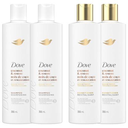 Dove Coconut Restore Shampoo & Conditioner for Damaged Hair, with Liquid Bio-Protein Care, 355 ML (2 Shampoo + 2 Conditioner) - Available at All In One Marketplace Canada