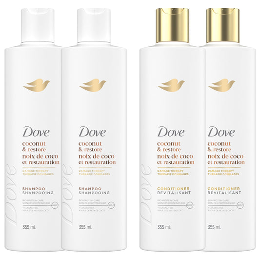 Dove Coconut Restore Shampoo & Conditioner for Damaged Hair, with Liquid Bio-Protein Care, 355 ML (2 Shampoo + 2 Conditioner) - Available at All In One Marketplace Canada