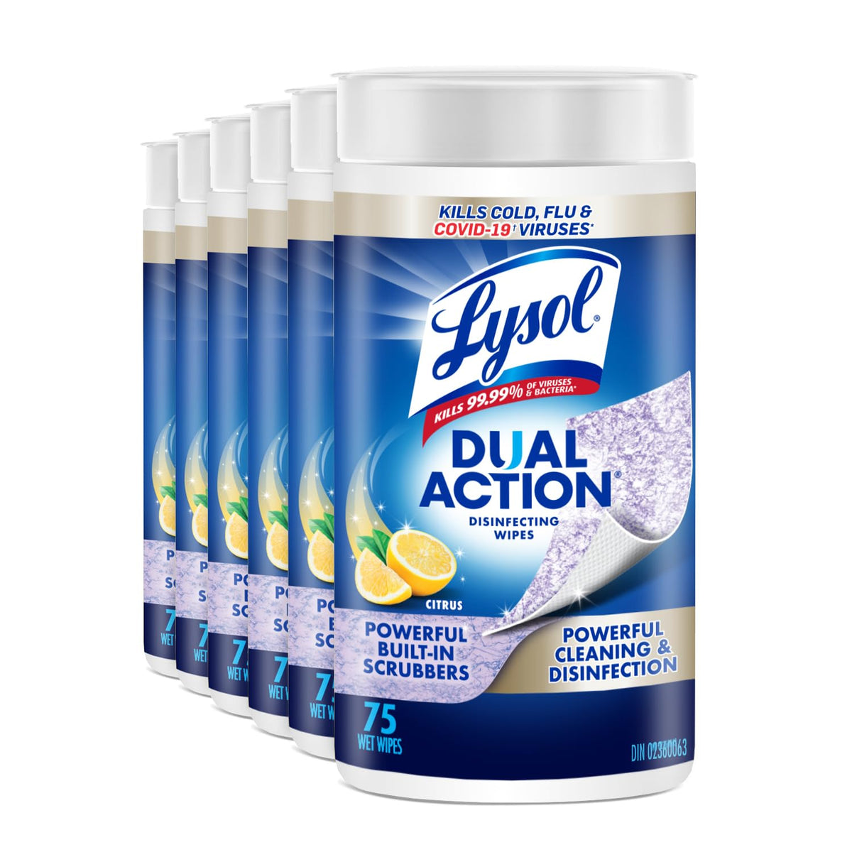 Lysol Dual Action Disinfecting Wipes, Scrubbing & Soft Texture, 6 X 75 ct