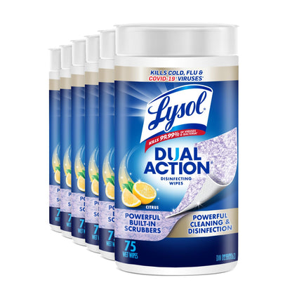 Lysol Dual Action Disinfecting Wipes, Scrubbing & Soft Texture, 6 X 75 ct