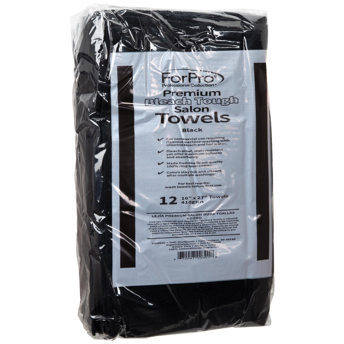 ForPro Premium Bleach Tough Salon Towels, Black, 100% Cotton, Bleach-Proof Towels, Stain Resistant, 16” W x 27” L, 12-Count